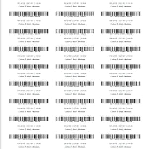May include: A sheet of thirty individual labels arranged in three columns. Each label features the text Cotton T-Shirt - Medium, a unique barcode, and a sequence number from 001 to 030, along with the product code CLT-001 and a price of $19.99.