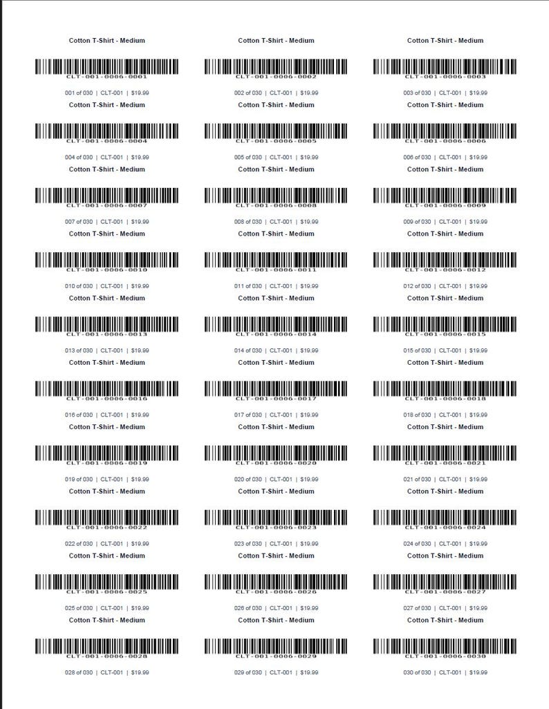 May include: A sheet of thirty individual labels arranged in three columns. Each label features the text Cotton T-Shirt - Medium, a unique barcode, and a sequence number from 001 to 030, along with the product code CLT-001 and a price of $19.99.