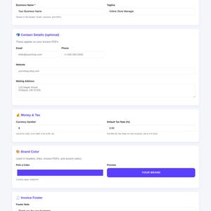 Pu&ograve; includere: Schermata delle impostazioni di un negozio online. La pagina include sezioni per il nome dell'attivit&agrave;, i dettagli di contatto, la valuta e il colore del marchio. Il colore del marchio viene visualizzato in una casella di anteprima. La pagina ha uno schema di colori viola e bianco.