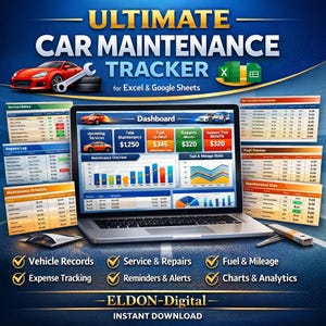 Può includere: Un tracker digitale per la manutenzione dell'auto visualizzato sullo schermo di un laptop, con grafici e dati. L'immagine include una grafica di un'auto rossa, chiavi inglesi e il testo "ULTIMATE CAR MAINTENANCE TRACKER" e "for Excel & Google Sheets".