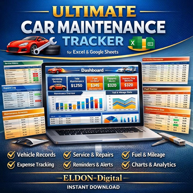 Car Maintenance Tracker | Vehicle Service, Fuel, Expense Log (excel ...