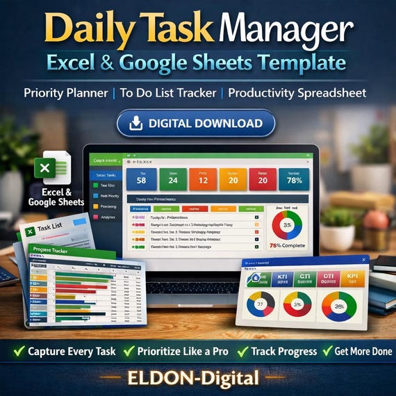 Daily Task Manager Excel & Google Sheets Template (Digital Download)