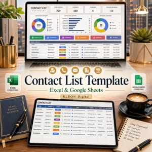 May include: A laptop and tablet showing a contact list dashboard with data and charts. The text "Contact List Template" and "Excel & Google Sheets" are displayed. A notebook, pen, and coffee cup are also on the desk.