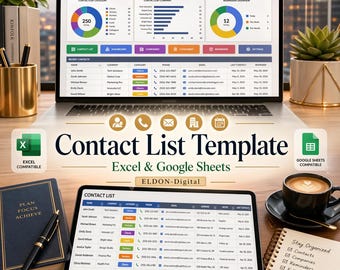 Contact List Template, Business Organizer, Excel Google Sheets (Digital Download)