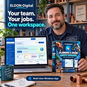 Peut inclure: Un ordinateur portable affichant le tableau de bord du logiciel ELDON-Digital Plumbing & Drain Service Manager à côté d'une boîte de produit. Un mug bleu sarcelle avec du texte, un carnet et des tuyaux en cuivre sont sur le bureau en bois.