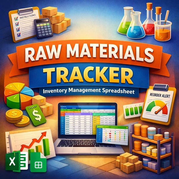Raw Materials Tracker | Inventory Management Spreadsheet (Excel, Google Sheets)