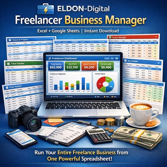 Freelancer Business Manager Excel Spreadsheet | Invoice, Time, Tax Tracker (Instant Download)