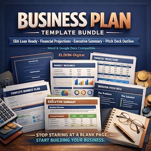 May include: A business plan template bundle with the title "BUSINESS PLAN" in gold lettering. The image includes documents, a calculator, coins, a notebook, glasses, and a pen. Text includes "SBA Loan Ready" and "Start Building Your Business."