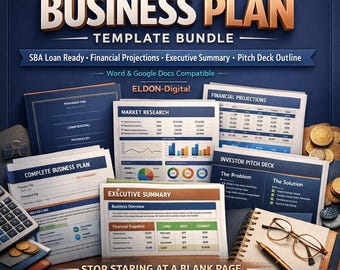 May include: A business plan template bundle with the title "BUSINESS PLAN" in gold lettering. The image includes documents, a calculator, coins, a notebook, glasses, and a pen. Text includes "SBA Loan Ready" and "Start Building Your Business."