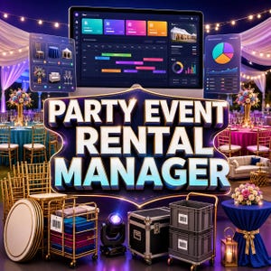 Może przedstawiać: Cyfrowy pulpit nawigacyjny z napisem PARTY EVENT RENTAL MANAGER, prezentujący oprogramowanie do planowania wydarzeń, harmonogramy i analizy. Poniżej znajdują się akcesoria eventowe: złote krzesła, stoły, skrzynie i reflektor.