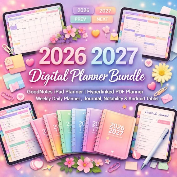 2026-2027 Digital Planner Bundle – Hyperlinked PDF for GoodNotes, Notability, Android (Video Guide)