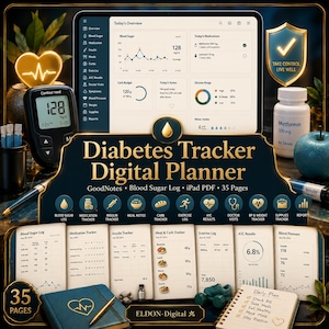 Puede incluir: Un planificador digital de seguimiento de diabetes en una pantalla de tableta, con registro de glucosa, seguimiento de medicamentos y gráficos de salud. La interfaz incluye iconos para registrar comidas, ejercicio y resultados de A1C.