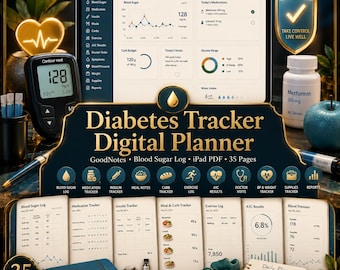 Könnte beinhalten: Ein digitaler Diabetes-Tracker-Planer auf einem Tablet-Bildschirm mit Blutzuckertagebuch, Medikamenten-Tracker und Gesundheitsdiagrammen. Die Benutzeroberfläche enthält Symbole zur Verfolgung von Mahlzeiten, Bewegung und A1C-Ergebnissen.