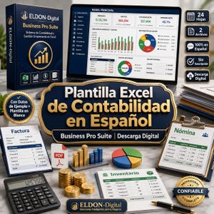 以下が含まれることがあります： Eldon-Digital Business Pro Suiteと題されたExcel用デジタル会計ソフトウェアパッケージ。画面には財務ダッシュボード、グラフ、表が表示されています。電卓、金貨の山、円グラフのモデル、印刷された書類が含まれています。