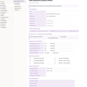 May include: A digital Daily Executive Function Planner template displayed in OneNote. The layout features sections for Morning Check-In, Today's Priorities, Tiny Starter Task, Appointments, Body & Care Reminders, Support Needed, and End-of-Day Reflection.