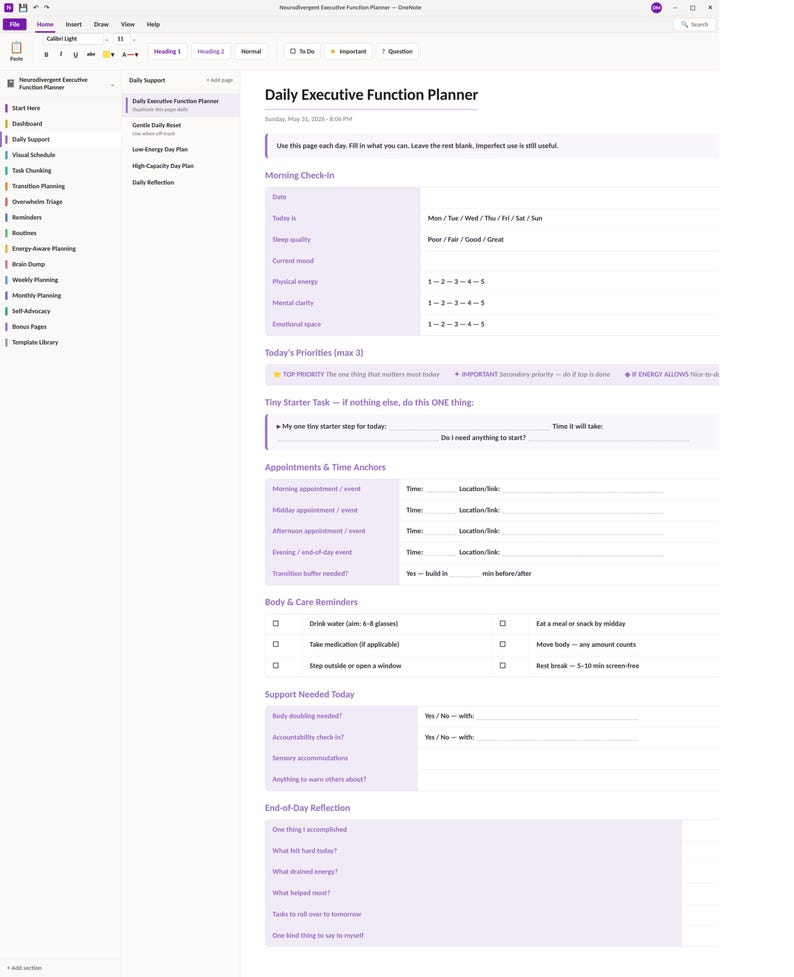 May include: A digital Daily Executive Function Planner template displayed in OneNote. The layout features sections for Morning Check-In, Today's Priorities, Tiny Starter Task, Appointments, Body & Care Reminders, Support Needed, and End-of-Day Reflection.