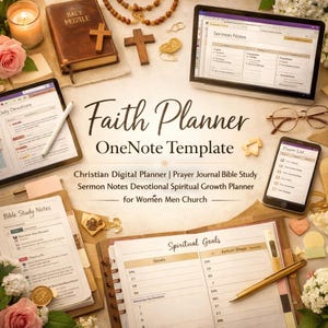 May include: A digital faith planner with the text "Faith Planner OneNote Template". The image includes a tablet, smartphone, and open notebook displaying digital planner pages. Other items include a bible, cross, and pen.