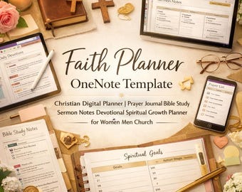 May include: A digital faith planner with the text "Faith Planner OneNote Template". The image includes a tablet, smartphone, and open notebook displaying digital planner pages. Other items include a bible, cross, and pen.