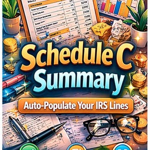 May include: An illustration with the text "Schedule C Summary" and "Auto-Populate Your IRS Lines." The image features clipboards with financial documents, charts, pens, glasses, and coins. Icons indicate line-by-line, instant totals, and year-ready features.