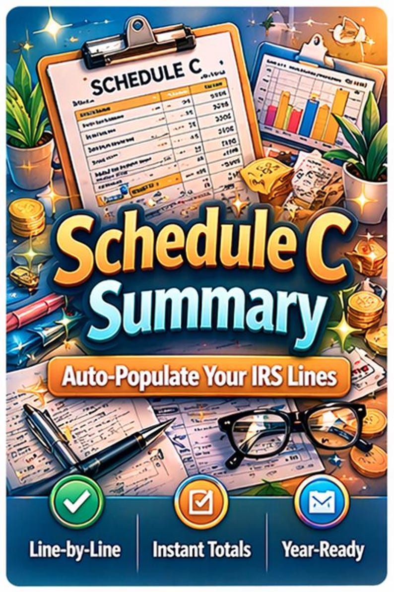 May include: An illustration with the text "Schedule C Summary" and "Auto-Populate Your IRS Lines." The image features clipboards with financial documents, charts, pens, glasses, and coins. Icons indicate line-by-line, instant totals, and year-ready features.