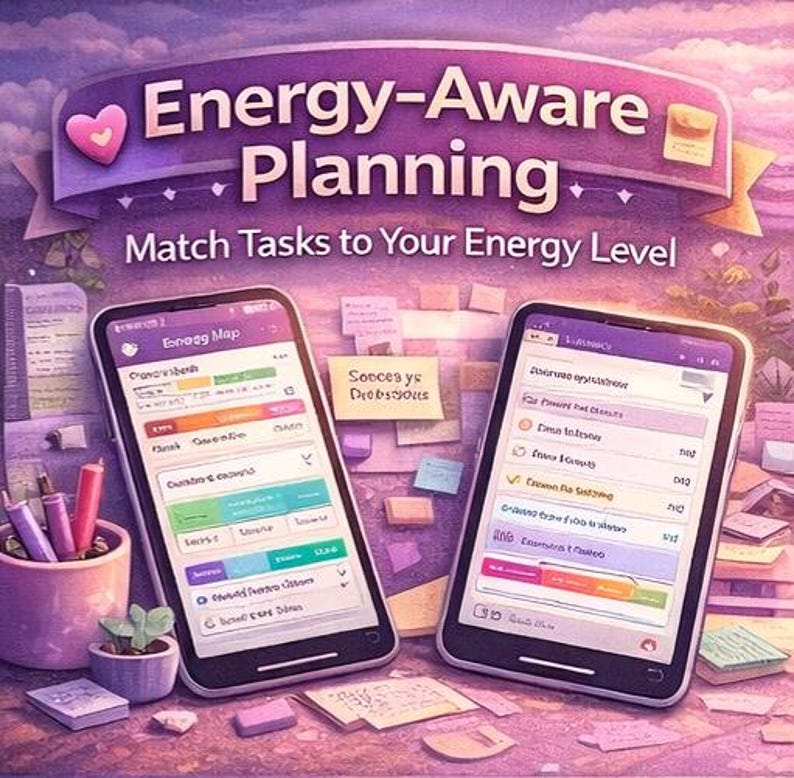 May include: Two smartphones displaying task management apps with lists and progress bars, set against a purple background with the text Energy-Aware Planning and Match Tasks to Your Energy Level, surrounded by scattered sticky notes and pens.