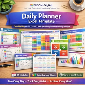May include: A digital daily planner template for Excel, featuring a blue and purple banner with the text "Daily Planner Excel Template." The image showcases various modules, including a to-do list, habit tracker, and time-blocking calendar. The planner includes auto-tracking charts.