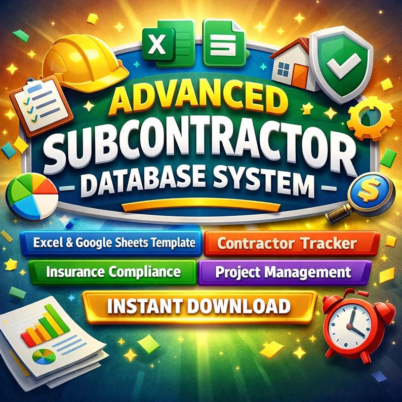 May include: A vibrant graphic promoting an "Advanced Subcontractor Database System." The image features a yellow hard hat, Excel and file icons, a house and shield, and a red alarm clock. Text includes "Excel & Google Sheets Template" and "Instant Download."