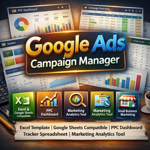 Google Ads Campaign Manager Excel Template | PPC Dashboard Tracker (Google Sheets Compatible)