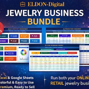 May include: Digital jewelry business bundle with 20 sheets, including inventory and product management templates. The image shows colorful spreadsheets with the text "Excel & Google Sheets" and "Run both your ONLINE and RETAIL jewelry business."
