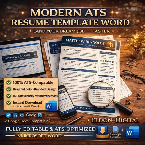 Modern ATS Resume Template Word | Professional CV | Instant Download (Digital)