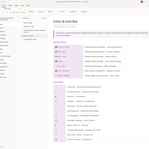 May include: A digital planner page titled Neurodivergent Executive Function Planner featuring a Color & Icon Key. The document lists color-coded categories like Lavender for daily planning and an icon guide with symbols for priorities and tasks.