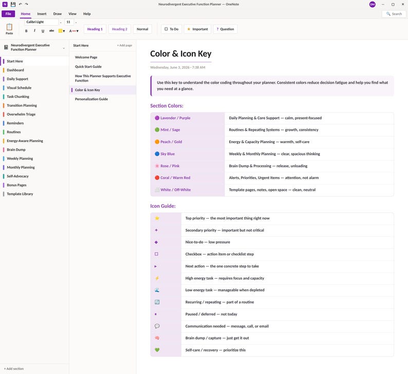 May include: A digital planner page titled Neurodivergent Executive Function Planner featuring a Color & Icon Key. The document lists color-coded categories like Lavender for daily planning and an icon guide with symbols for priorities and tasks.