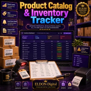 Pu&ograve; includere: Annuncio per un catalogo prodotti e un sistema di monitoraggio dell'inventario. L'immagine presenta un laptop che mostra un dashboard dell'inventario, circondato da scatole, uno scanner di codici a barre e una stampante. Il testo include "Product Catalog & Inventory Tracker".