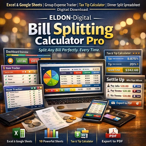 Bill Splitting Calculator Excel & Google Sheets | Group Expense Tracker (Digital Download)