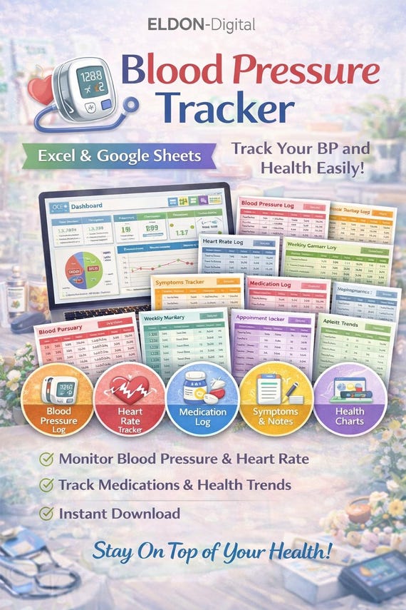 Blood Pressure Tracker, Hypertension Log Template, BP Log, Heart Rate Tracker, Medical Vitals Tracker, Health Monitoring