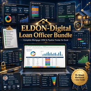 Op de afbeelding: Een digitale marketingafbeelding voor een loan officer-bundel. De afbeelding toont een laptop omringd door grafieken, grafieken en financiële gegevensweergaven. Tekst bevat "ELDON-Digital Loan Officer Bundle" en "15-Sheet Workbook + User Guide."