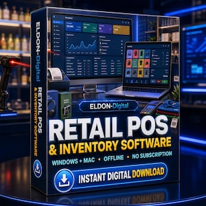 Könnte beinhalten: Eine dunkelblaue Produktverpackung für die Eldon-Digital Retail POS & Inventory Software. Die Box zeigt einen Computermonitor und einen Laptop mit Dashboard-Oberflächen, einen Bondrucker sowie den Text Instant Digital Download.