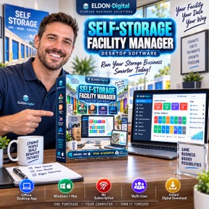 May include: A product box for Self-Storage Facility Manager desktop software featuring a visual unit map, lease and billing tools, and equipment rental options. The box displays Windows and Mac compatibility, offline access, and no subscription requirements.