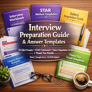 May include: An assortment of interview preparation materials, including workbooks, guides, and templates. The image features books with titles like "Interview Workbook" and "Salary Negotiation Guide," along with a cup of coffee, glasses, and a pen. The text includes "50 Q&A Prompts" and "Thank You Emails."