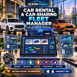 Può includere: Un computer portatile che mostra il software di gestione flotte per noleggio e car sharing Eldon-Digital. Lo schermo presenta una dashboard con immagini di veicoli, grafici e un calendario. Icone fluttuanti rappresentano prenotazioni, contratti, fatture, manutenzione e report.