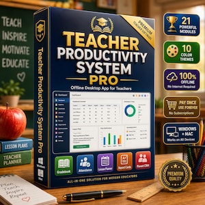 May include: A dark blue box for Teacher Productivity System Pro software featuring a dashboard graphic, gold text, and side panels listing 21 modules, 10 color themes, offline capability, one-time payment, and compatibility with Windows and Mac computers.
