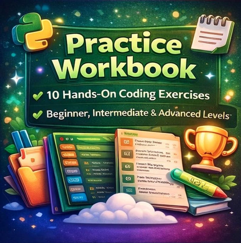 May include: A vibrant illustration of a coding "Practice Workbook". The cover displays the Python logo, text, and graphics. The workbook offers 10 hands-on coding exercises for beginner, intermediate, and advanced levels.