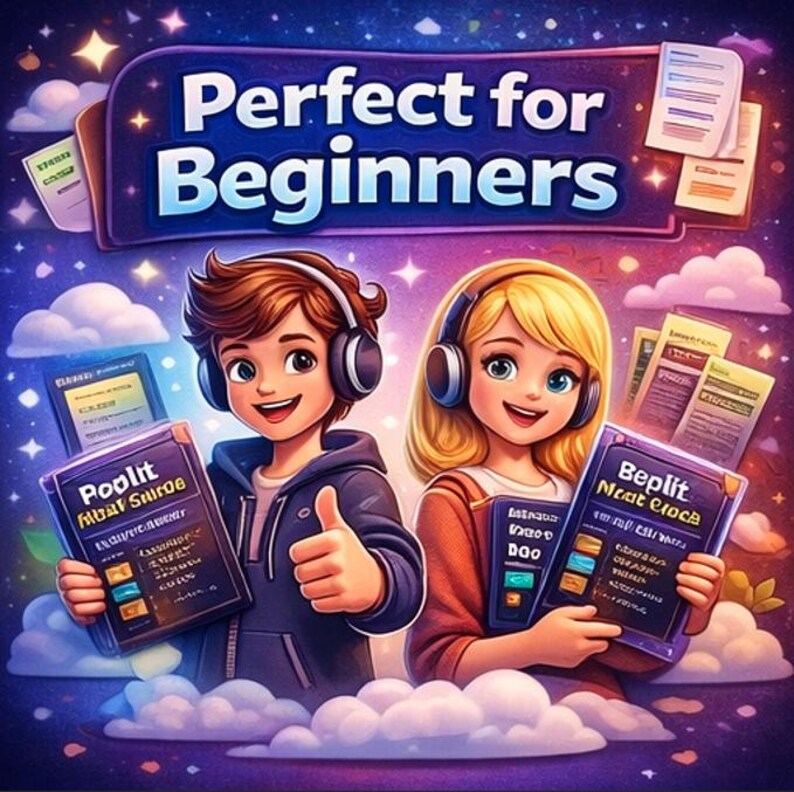 May include: An illustration featuring the text "Perfect for Beginners" above two cartoon characters wearing headphones. The characters are holding books with text. The background is a starry night sky with clouds.