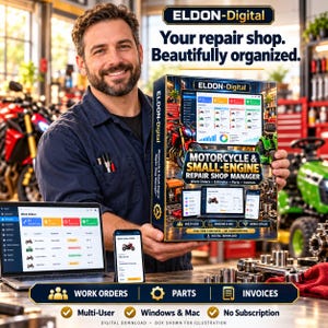 Può includere: Una confezione software con l'etichetta ELDON-Digital Motorcycle & Small-Engine Repair Shop Manager, che mostra una dashboard, la gestione degli ordini di lavoro e informazioni sul download digitale.