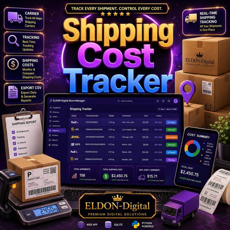 Pu&ograve; includere: Grafica digitale che promuove un tracker dei costi di spedizione. L'immagine presenta un laptop che mostra i dati di spedizione, una bilancia con un pacco e uno smartphone che mostra un riepilogo dei costi. Il testo include "Shipping Cost Tracker" e "ELDON-Digital".