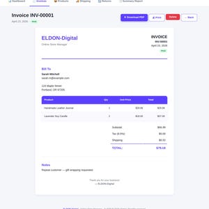 Pu&ograve; includere: Una fattura digitale da ELDON-Digital, un gestore di negozi online. La fattura, datata 23 aprile 2026, include i dettagli di un diario in pelle fatto a mano e una candela alla soia alla lavanda. L'importo totale dovuto &egrave; di $79,18. La fattura &egrave; contrassegnata come pagata.
