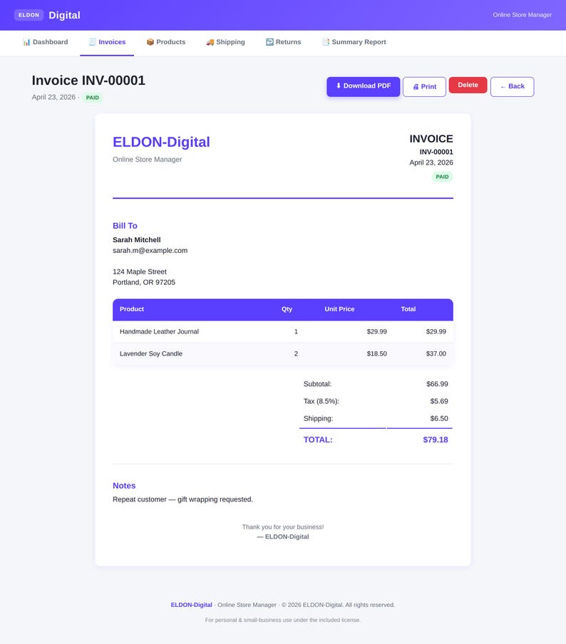 Pu&ograve; includere: Una fattura digitale da ELDON-Digital, un gestore di negozi online. La fattura, datata 23 aprile 2026, include i dettagli di un diario in pelle fatto a mano e una candela alla soia alla lavanda. L'importo totale dovuto &egrave; di $79,18. La fattura &egrave; contrassegnata come pagata.