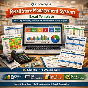 Op de afbeelding: Een afbeelding van een Excel-sjabloon voor een winkelbeheersysteem. De afbeelding toont een laptop met een dashboard met verkoopgegevens, een inventarisvolger en kasafstemmingsbladen. Extra elementen zijn een rekenmachine, contant geld en een barcodescanner. De tekst luidt "10 vellen in 1 werkmap!"