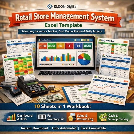 Retail Store Management System Excel Template | Sales, Inventory, Cash Tracker