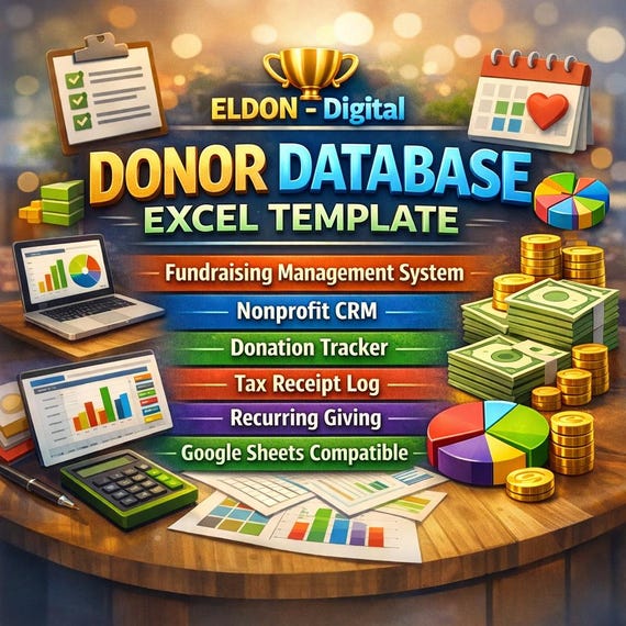 Donor Database Excel Template | Fundraising Management System, Nonprofit CRM (Google Sheets Compatible)